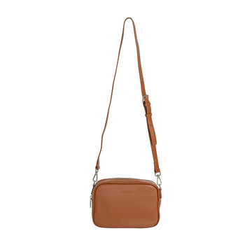 A tan bag with a long leather strap and Hoopla embossed  on the front of the bag.