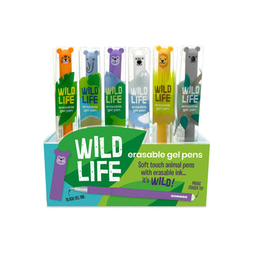 Box of Wild Life erasable gel pens with colorful animal designs on a white background.