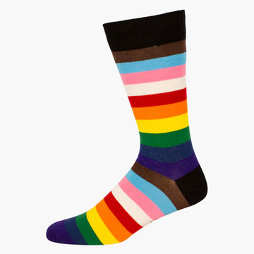 A sock printed with horizontal stripes of colours to represent pride flags.