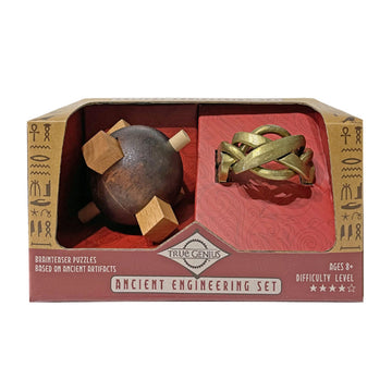 Two wooden and metal puzzles inside a box titled 'Ancient Engineering Set'.
