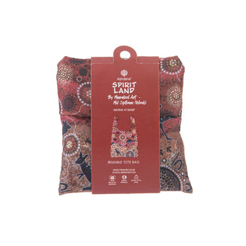 Reusable shopping bag with Aboriginal art design featuring kangaroos and circular patterns on a red background.