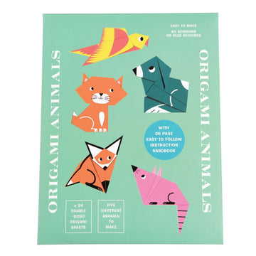 A book titled 'Origami Animals' with a picture of completed origami animals including a cat, mouse and fox. They are printed with different colours and faces.