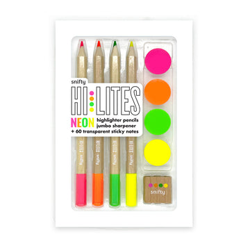 A set of four highlighter wooden pencils with round sticky notes and a sharpener.