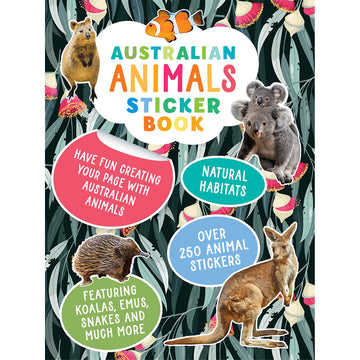 Australian Animals Sticker Book cover with stickers of a koala, kangaroo, and echidna on a dark green leafy background.
