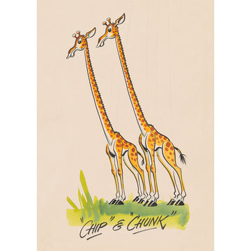 An A4 print with an illustration of two giraffes and the heading "Chip" & "Chunk".