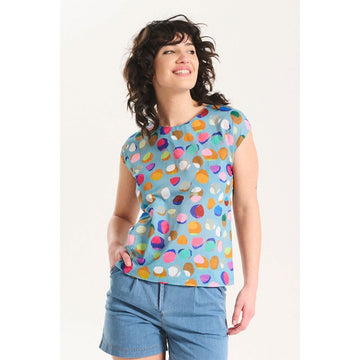 Colorful polka dot top with a light blue background.