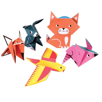 A book titled 'Origami Animals' with a picture of completed origami animals including a cat, mouse and fox. They are printed with different colours and faces.