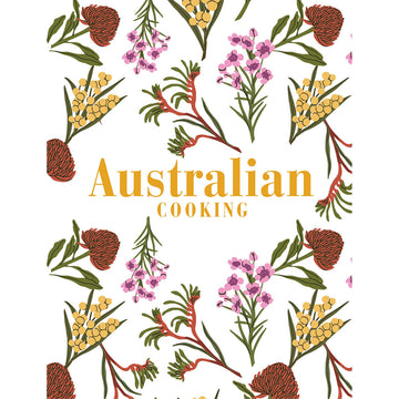 Book cover with 'Australian Cooking' text and floral illustrations on a white background