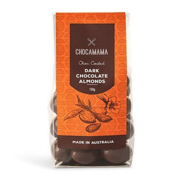 A clear bag filled with chocolate covered almonds with a large orange product label and the text 'Chocomama Dark Chocolate Almonds'.