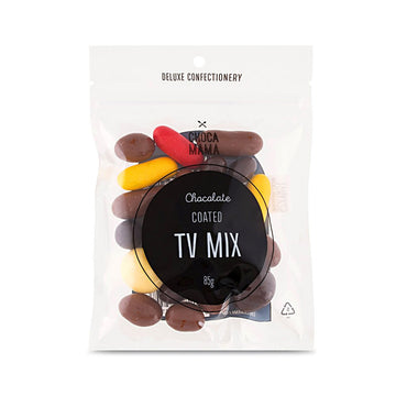 A small clear bag with the heading 'Chocolate Coated TV Mix' in the middle. The chocolate covered lollies can be seen inside the bag.