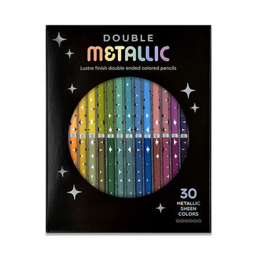 A set of coloured pencils in a black box with a round cut out window. The heading 'Double Metallic' is on the box.