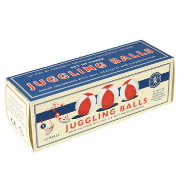 A rectangle shaped box titled 'Juggling Balls' with a quick diagram of how to juggle and an illustration of the red and white balls.