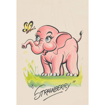 An A4 print with an illustration of a pink elephant and the heading "Strawberry".