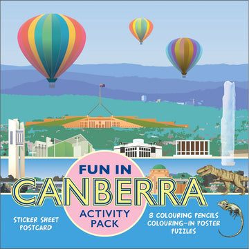 Activity pack cover with Canberra landmarks and hot air balloons.