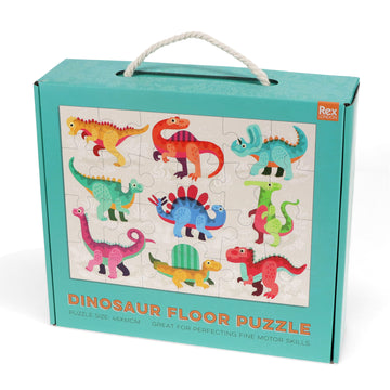 A blue box titled 'Dinosaur Floor Puzzle' with a picture of a completed puzzle illustrated with dinosaurs.