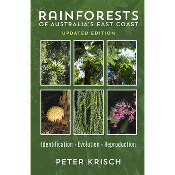 Book cover of 'Rainforests of Australia's East Coast' by Peter Krisch with green background and images of rainforest plants.