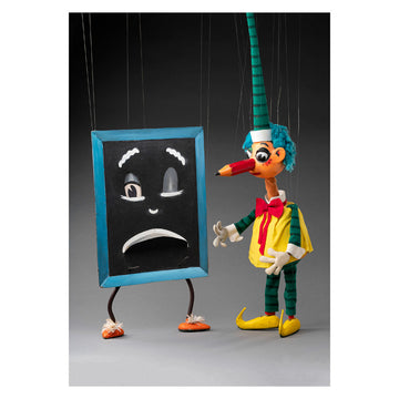 A postcard with a photo of Blackboard and Mr Squiggle puppets.