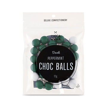A small clear bag with the heading 'Peppermint Choc Balls' in the middle. The chocolate can be seen inside the bag.