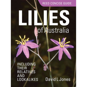'Lilies of Australia' book cover featuring a photo of two purple lilies. 