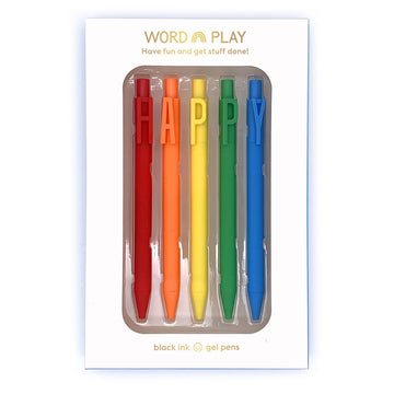 Five different coloured pens in a box with a letter on each spelling the word 'HAPPY'.