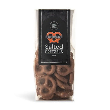 A clear bag filled with chocolate covered pretzels with a large black product label and the text 'Chocomama Salted Pretzels'.