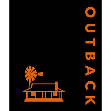 Orange silhouette of a house with a windmill and 'Outback' text on a black background