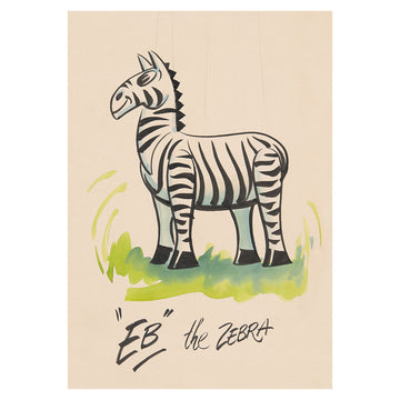 A postcard with an illustration of a zebra and the text 'EB the Zebra'.