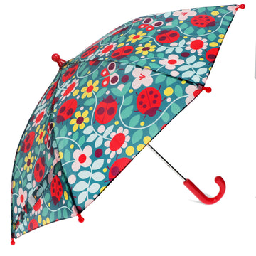 An open kids umbrella illustrated with ladybirds, butterflies and flowers.