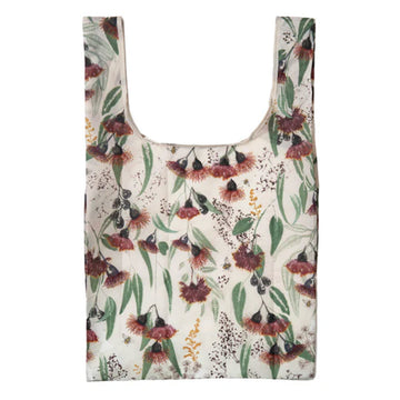 Reusable shopping bag with floral pattern on a white background.