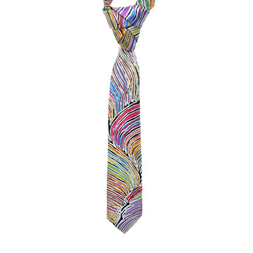 A tie is hanging and printed with artwork by Betsy Lewis in different colours.