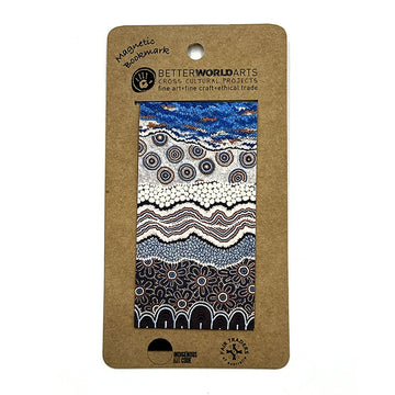 A magnetic bookmark printed with artwork by Bianca Gardiner-Dodd attached to a brown card.