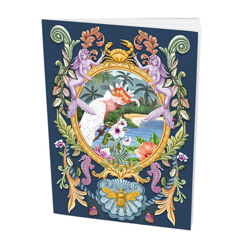 Front cover of a pocket book with an illustration of a Major Mitchell cockatoo in a frame surrounded by leaves, seahorses, mermaids and a crab.