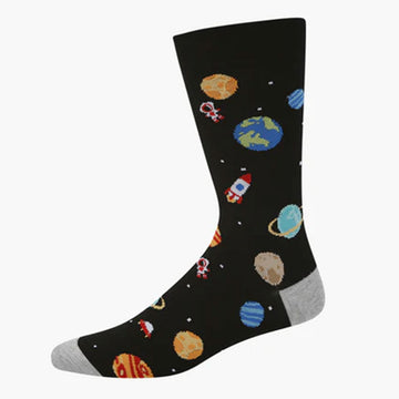 A black sock with a grey heel and toe and printed with symbols from space including rockets, planets and spaceships.