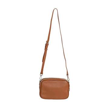 A tan bag with a long leather strap and Hoopla embossed  on the front of the bag.