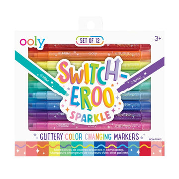 A box of coloured markers with a large cut out on the front with the heading 'Switch-Eroo Sparkle' over the cut out.
