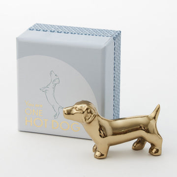 Gold dog-shaped object in front of a blue box with text on a white background.