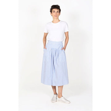 Blue and white striped skirt on a white background.