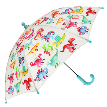 An open kids umbrella in white illustrated with different coloured dinosaurs.