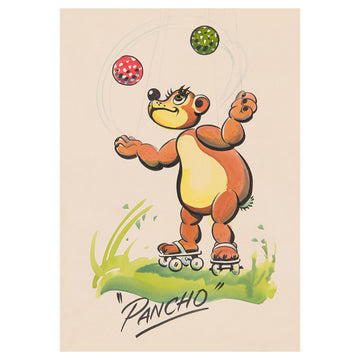 A postcard with an illustration of a mouse juggling wearing rollder skates with the heading 'Pancho' underneath.