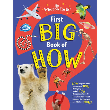 'First Big Book of How?' book cover featuring photos of objects including a snake, plane, planet and skeleton on a question mark. There is a large photo of a polar bear next to the question mark.