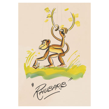 A postcard with an illustration of a monkey with the heading 'Rhubarb'.