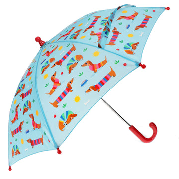 A open kids umbrella in light blue illustrated with sausage dogs wearing striped jumpers.