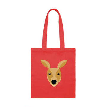 A red tote bag with an illustration of a kangaroo's head on the front.