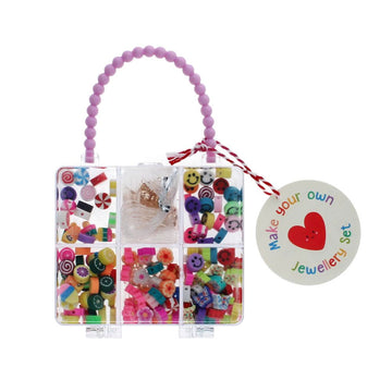 A clear hard case shaped like a handbag with six compartment filled with beads and jewellery making supplies.