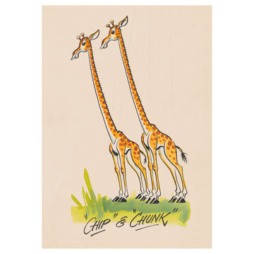 A postcard with an illustration of two giraffes and the text 'Chip & Chunk'.