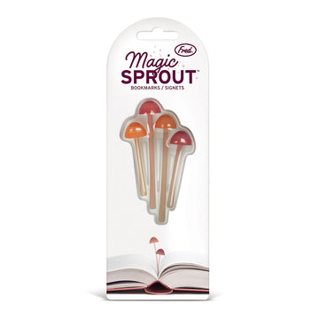 Four mushroom shaped bookmarks inside packaging with the heading 'Magic Sprout Bookmarks'.