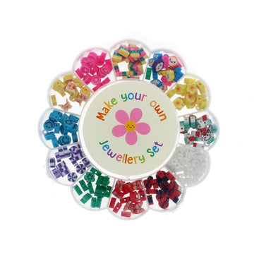 A clear hard shell case shaped like a flower with compartments filled with different beads.