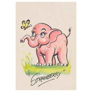 A postcard with an illustration of a pink elephant and the text 'Strawberry'.