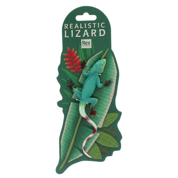 A lizard toy attached to a card with an illustration of a leaf and the heading 'Realistic Lizard'.