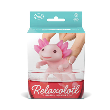 A box with a picture of an axolotl shaped tea infuser in a cup of tea with the heading 'Relaxolotl Tea Infuser'.